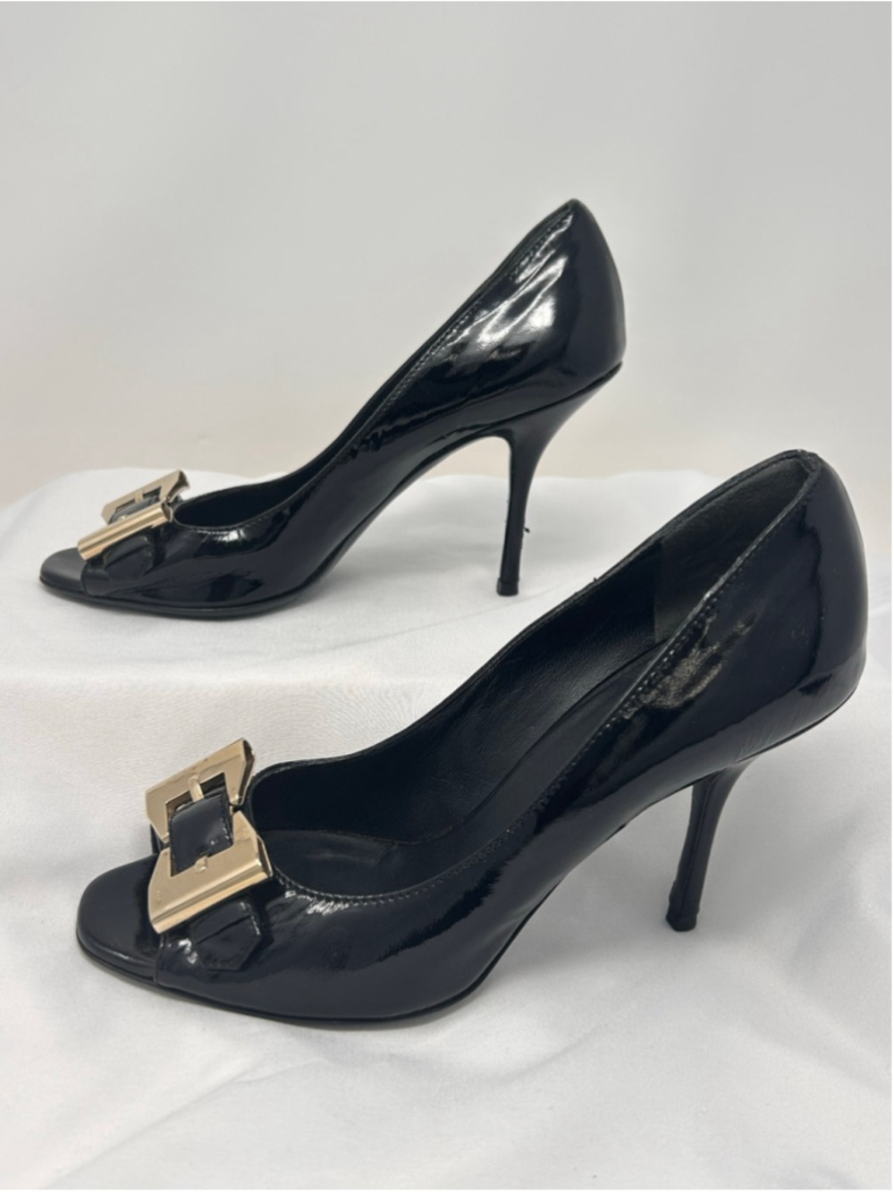 Gucci Black Patent Leather Horsebit Peep Toe Pumps Gold Heels 5.5B